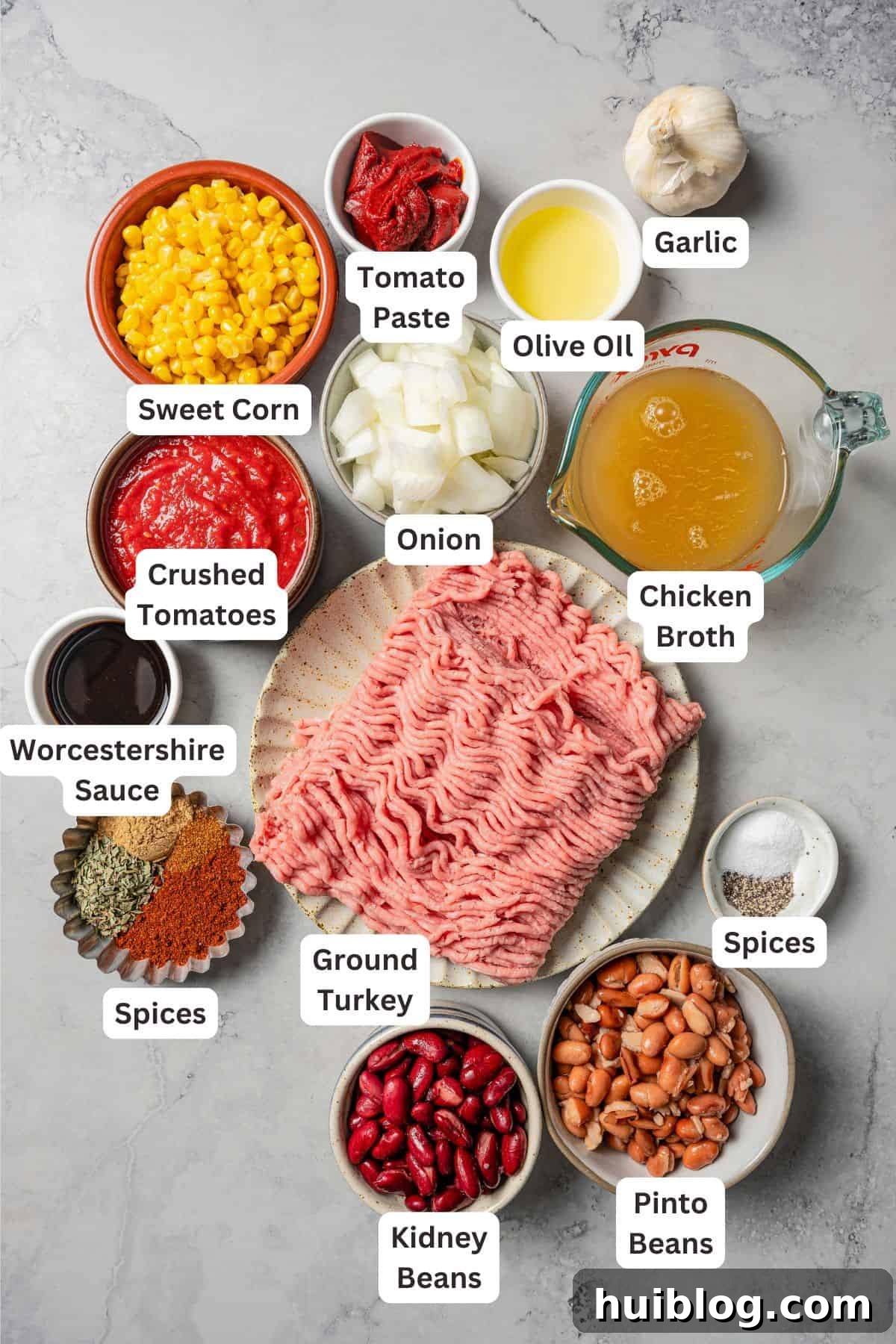 Turkey chili ingredients with text labels overlaying each ingredient.
