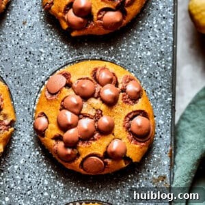 Three perfectly baked pumpkin chocolate chip muffins, golden brown and inviting, resting in a muffin tin.