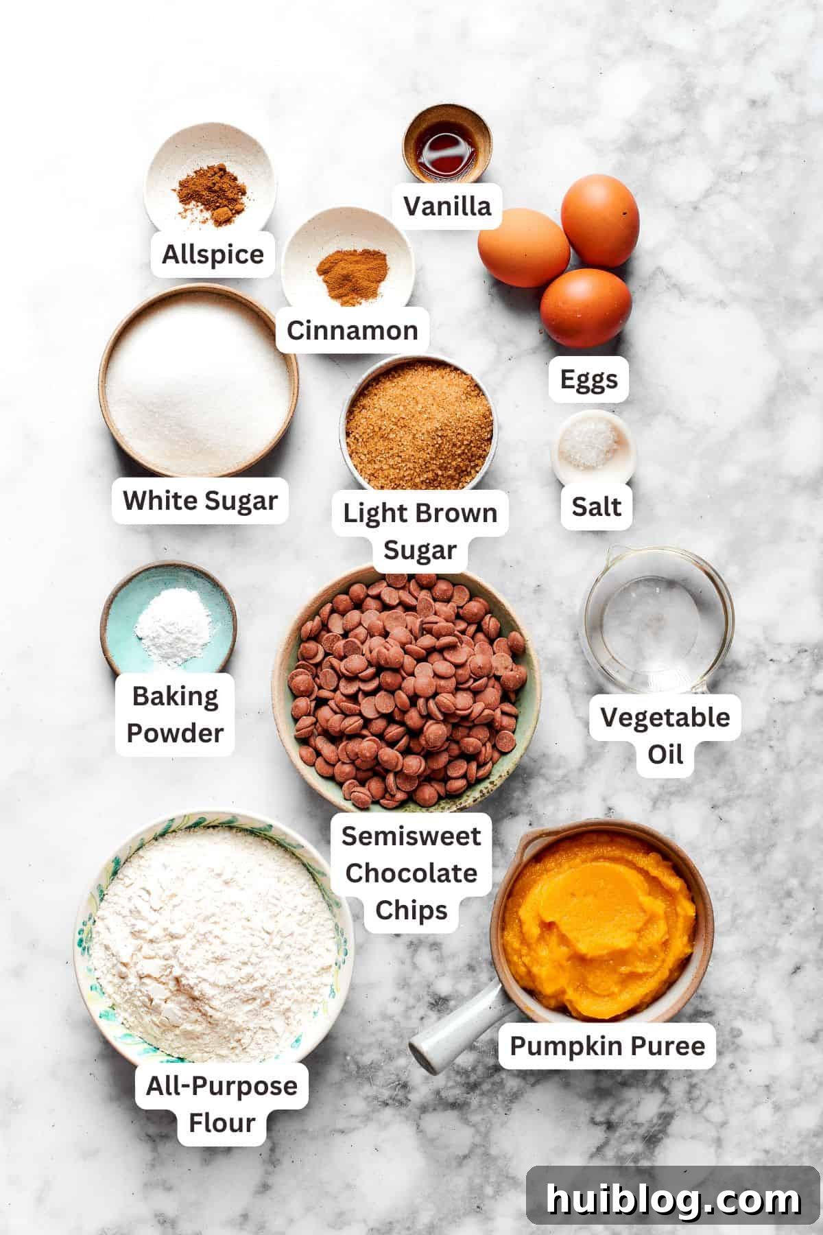 The ingredients for pumpkin chocolate chip muffins are text labeled.