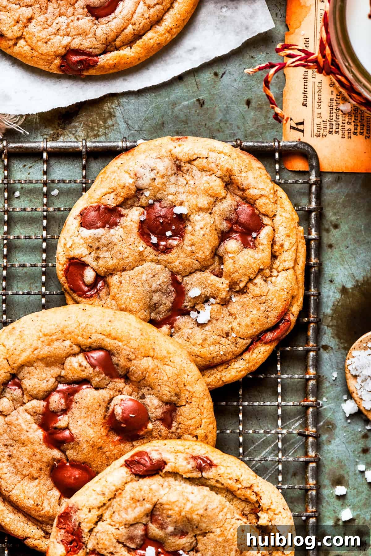 An inviting overhead shot of warm Brown Butter Chocolate Chip Cookies arranged on a wire cooling rack, ready to be enjoyed.