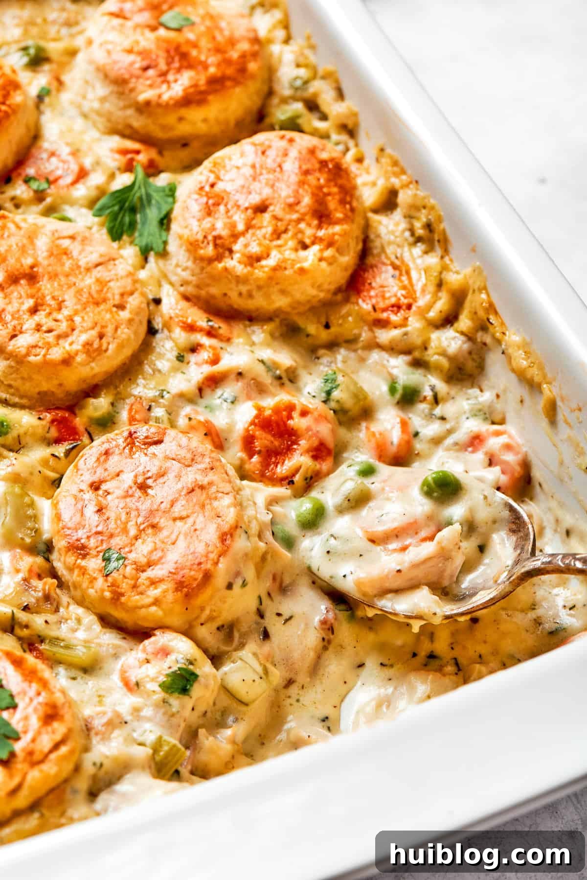 Cozy Chicken Pot Pie Casserole with Fluffy Biscuits A golden-brown chicken pot pie casserole in a baking dish, ready to be served.