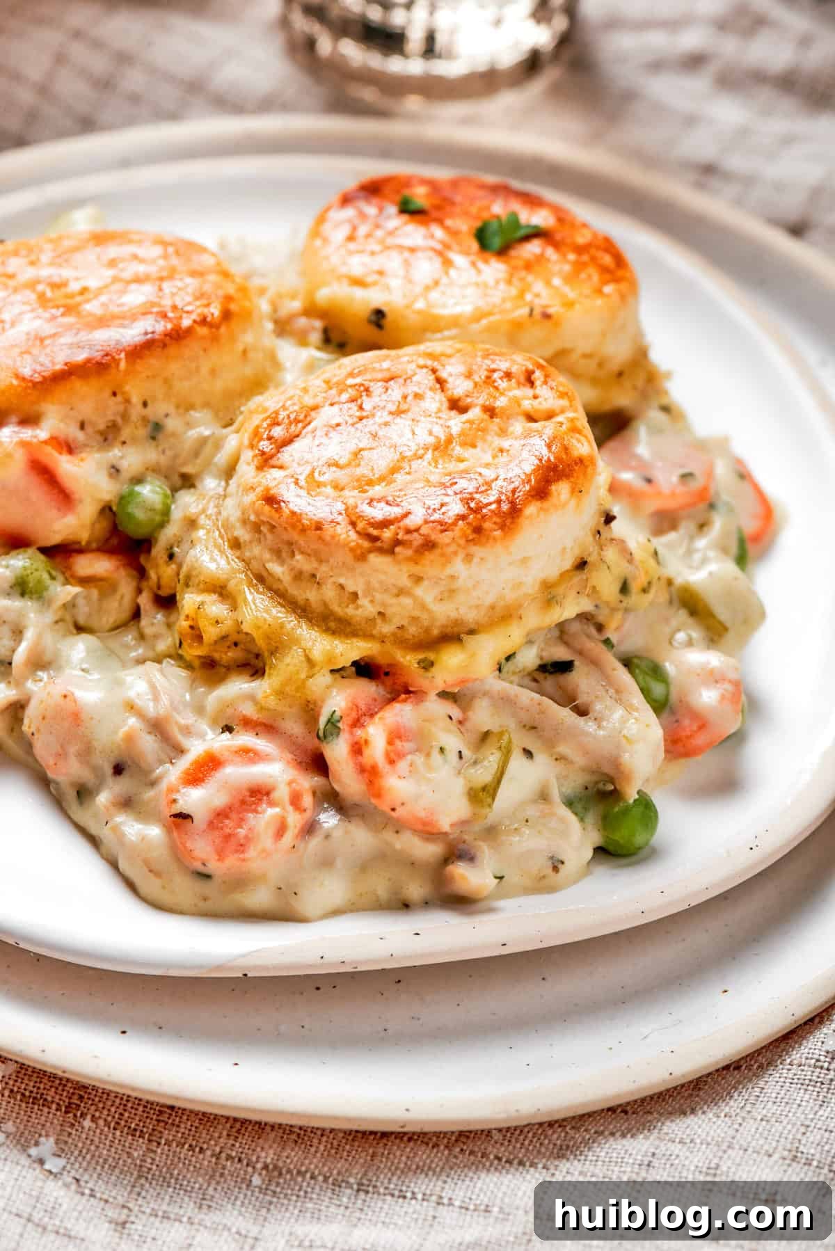 A Delicious Serving of Chicken Pot Pie Casserole A generous serving of chicken pot pie casserole on a white plate, showcasing the creamy filling and fluffy biscuit topping.