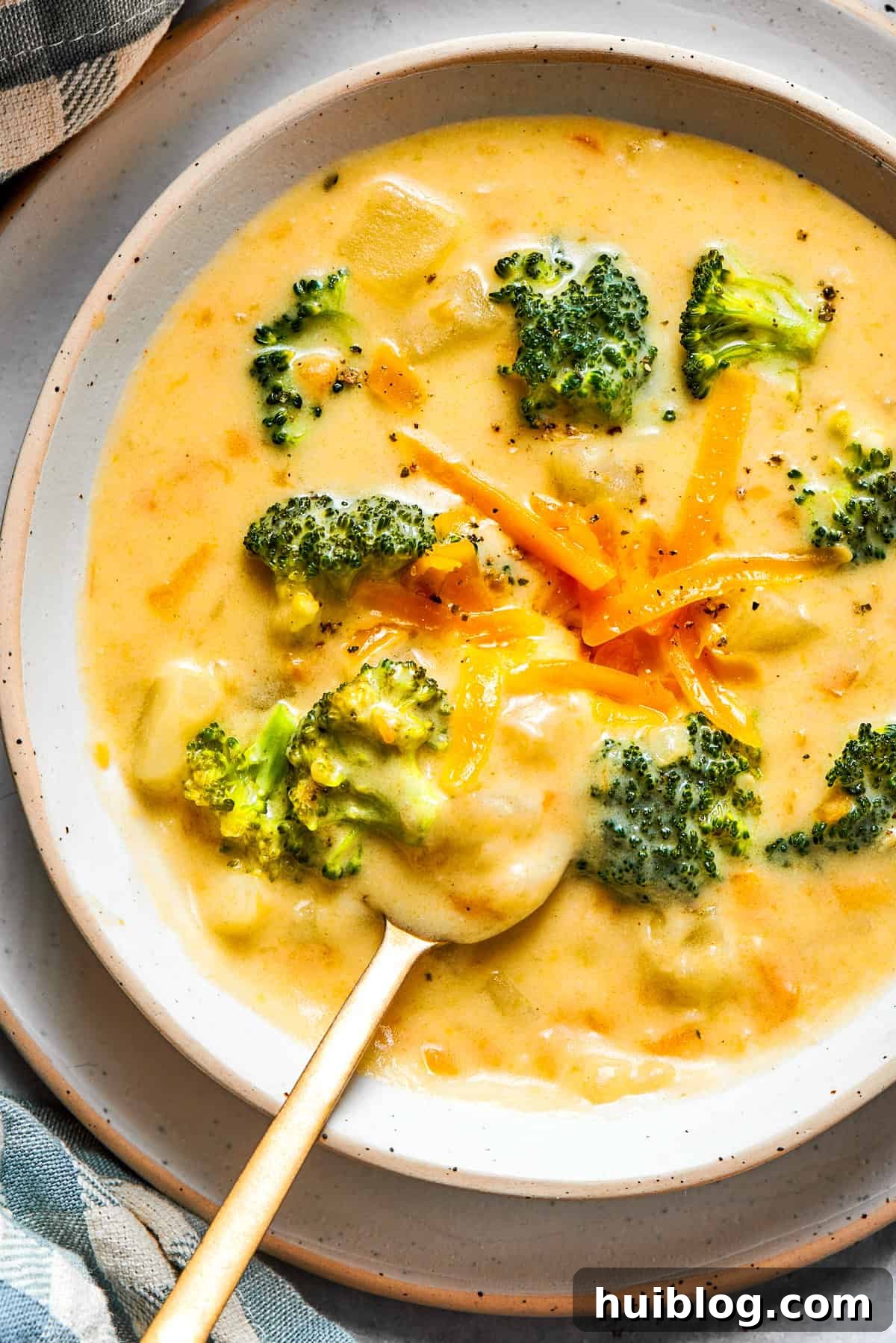 Bowl of creamy broccoli cheese soup garnished with shredded cheddar and fresh broccoli florets, ready to be enjoyed.