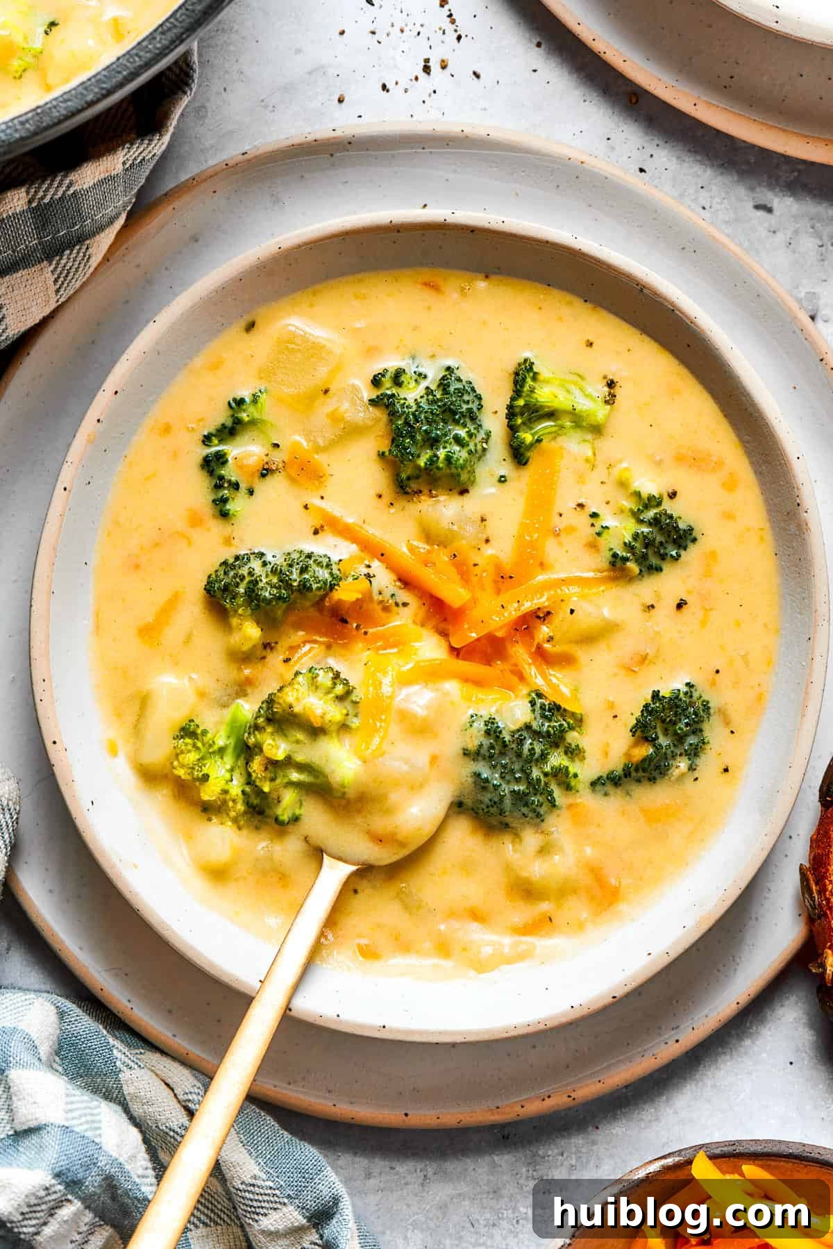 Broccoli cheese soup served in a cozy bowl, generously garnished with extra shredded cheese and small broccoli florets, ready for a comforting meal.