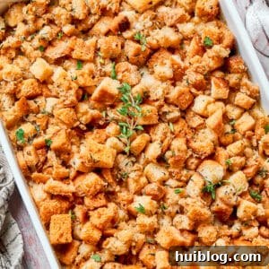 Chicken stuffing casserole in a baking dish.