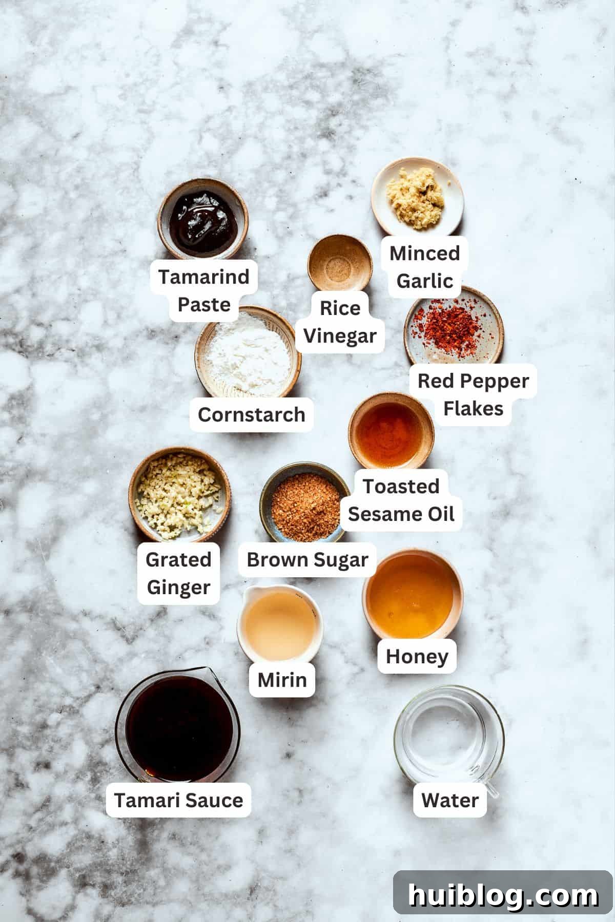 Individual ingredients for homemade teriyaki sauce, including tamari, mirin, honey, ginger, and garlic, laid out and clearly labeled.
