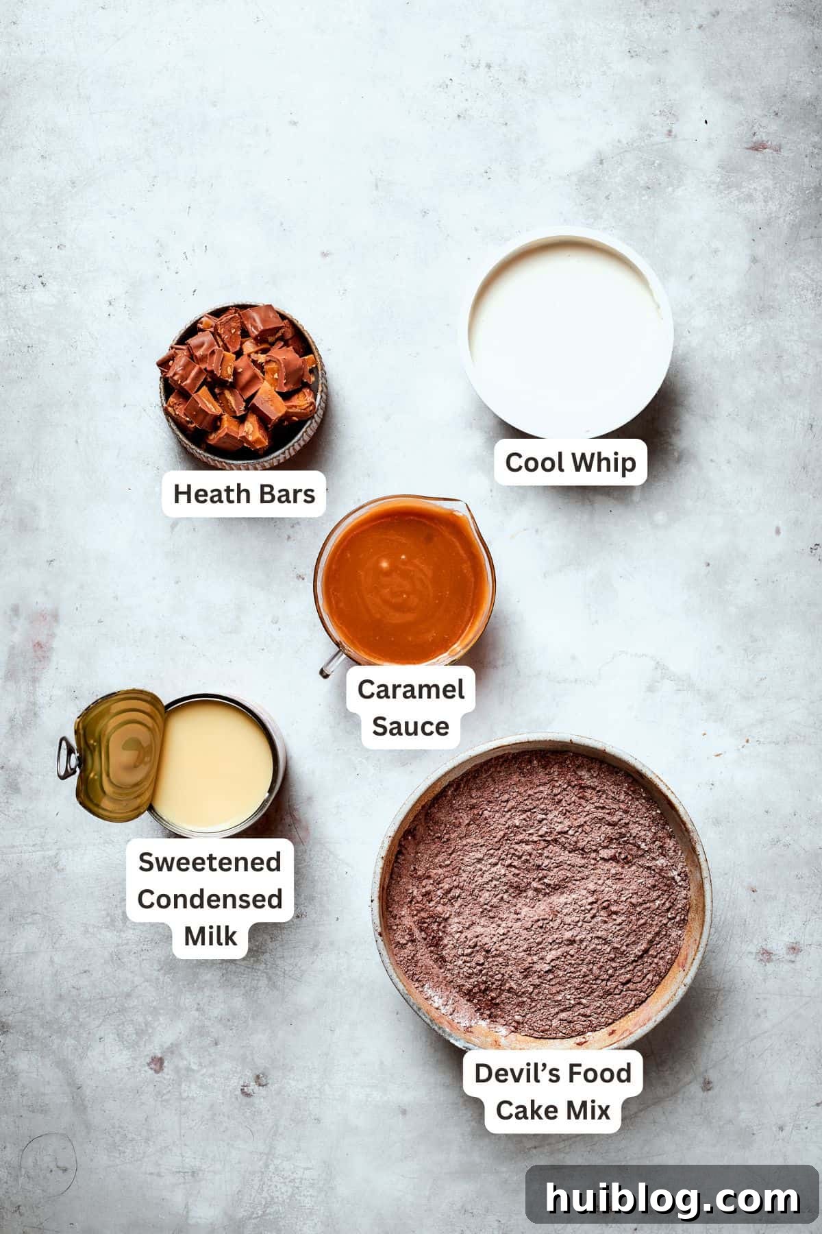 Ingredients for better than sex cake are text-labeled, including chocolate cake mix, sweetened condensed milk, caramel sauce, Cool Whip, and Heath bars.