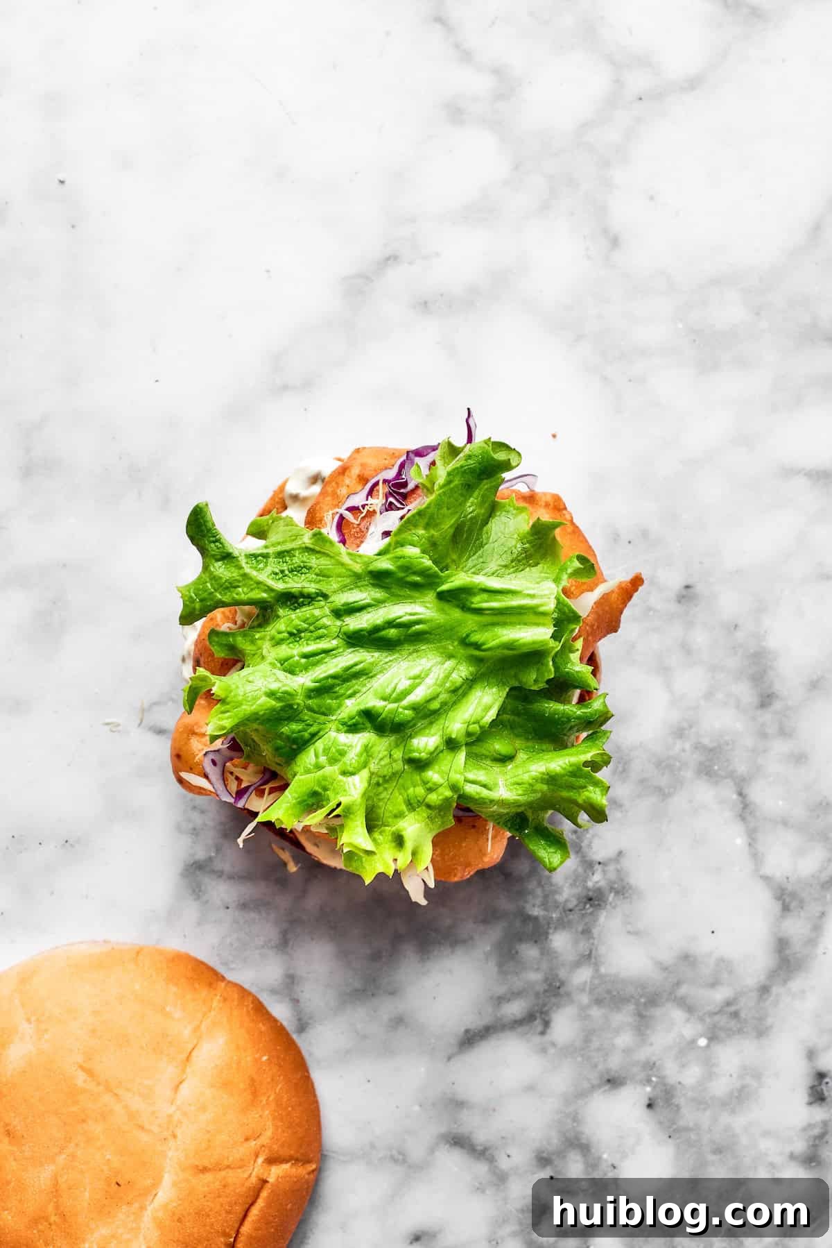 This crispy, crunchy fish sandwich is served on toasty sweet rolls with lemony tartar sauce and a squeeze of lime! It's quick and easy to make! A vibrant mix of shredded red and green cabbage, along with a crisp lettuce leaf, is added on top of the fried fish in the sandwich.