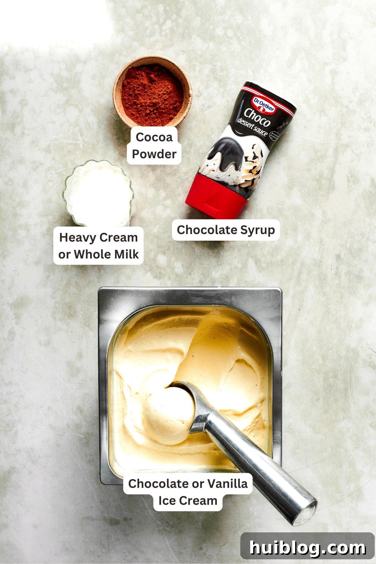 Ingredients for making a chocolate milkshake are neatly arranged and text-labeled on a light surface. Key ingredients include ice cream, heavy cream, cocoa powder, and chocolate sauce.