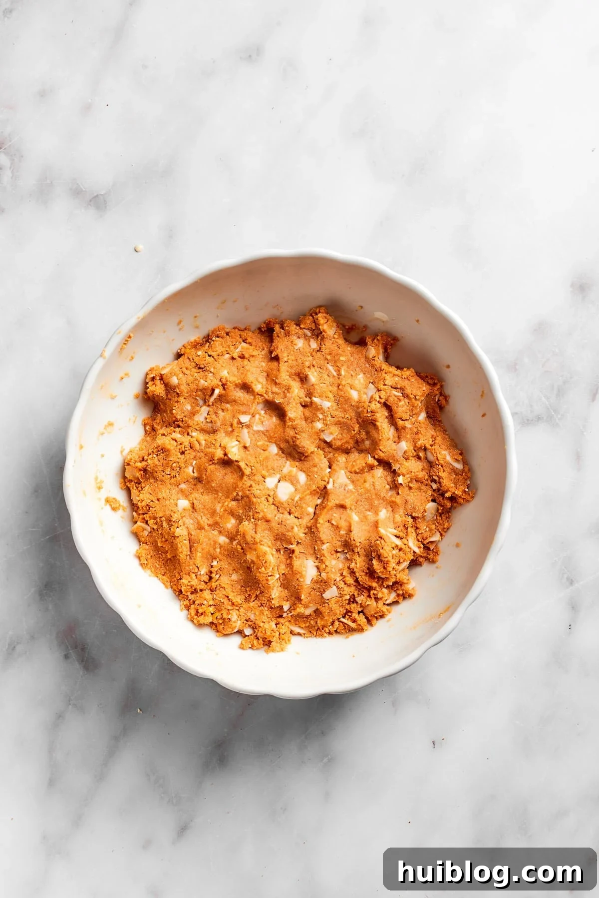 The lemon slice crust mixture, now combined with wet ingredients, forming a cohesive base in a bowl.