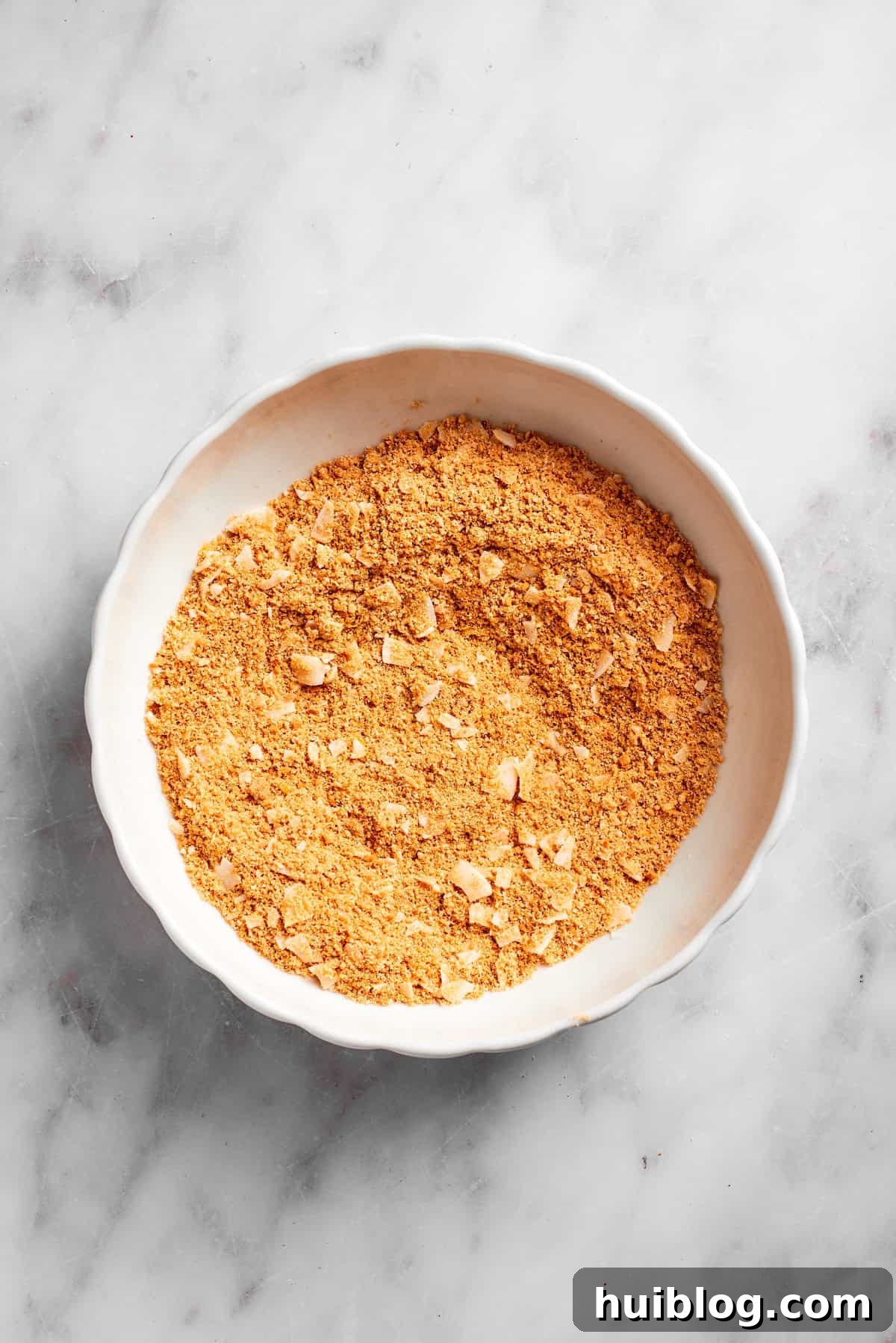 A mixture of graham cracker crumbs, coconut, and lemon zest in a mixing bowl, ready for liquid ingredients.