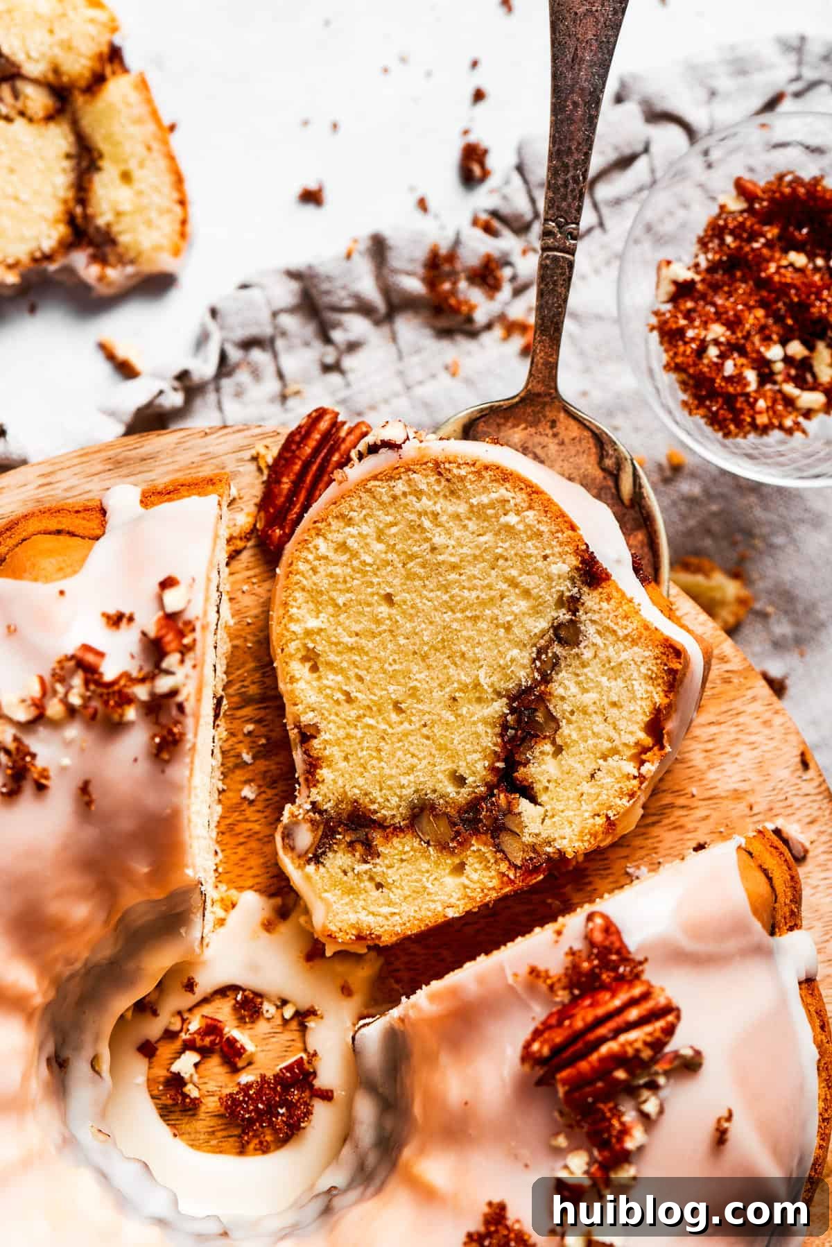 A slice of sock it to me cake with the cinnamon sugar ribbon across it.