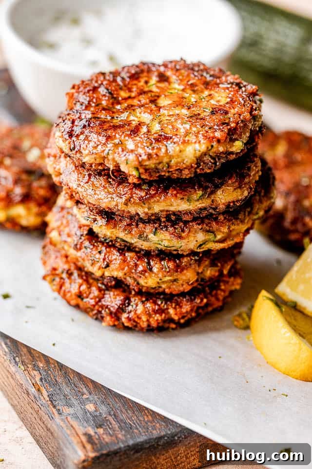 Golden Zucchini Fritters 2 Stacked crispy zucchini fritters with fresh lemon wedges and a creamy sour cream dip in the background.