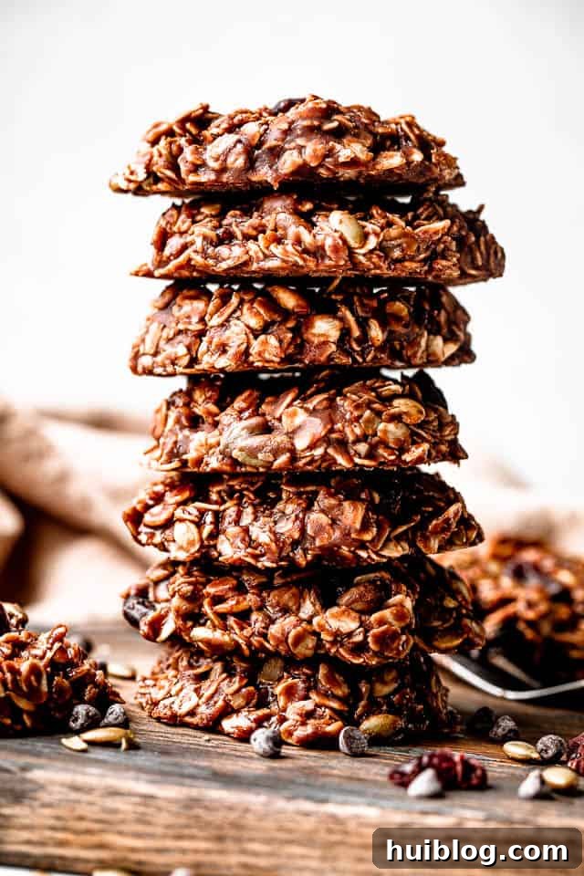 Effortless No-Bake Oatmeal Treats 2 A perfectly stacked pile of seven healthy no-bake oatmeal cookies, showcasing their rich brown color and visible oats, cranberries, and pumpkin seeds.