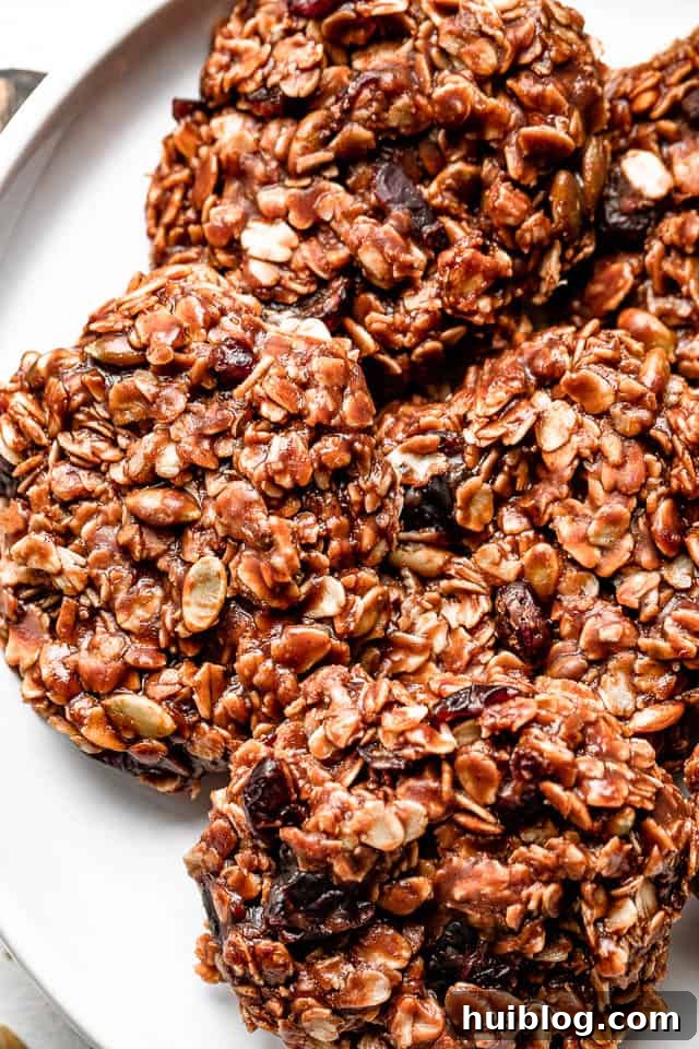 Effortless No-Bake Oatmeal Treats 3 An overhead shot showing several round, healthy no-bake oatmeal cookies arranged neatly on a white plate, highlighting their texture and appealing appearance.