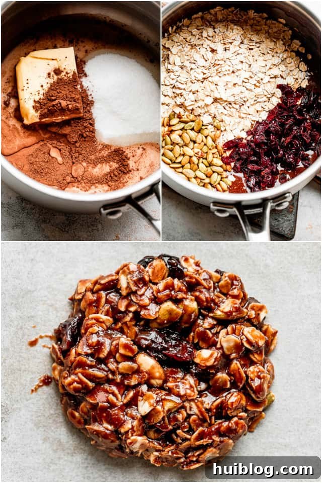 Effortless No-Bake Oatmeal Treats 4 A step-by-step photographic collage illustrating the easy process of making no-bake oatmeal cookies, from melting ingredients to mixing in oats.