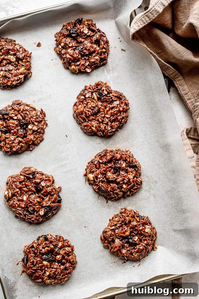 Effortless No-Bake Oatmeal Treats 5 An overhead view of numerous round, healthy no-bake oatmeal cookies neatly arranged on a baking sheet lined with parchment paper, waiting to set.