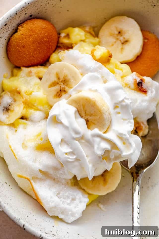 Velvet Banana Pudding Delight 6 a bowl of homemade banana pudding with a spoon, ready to be enjoyed