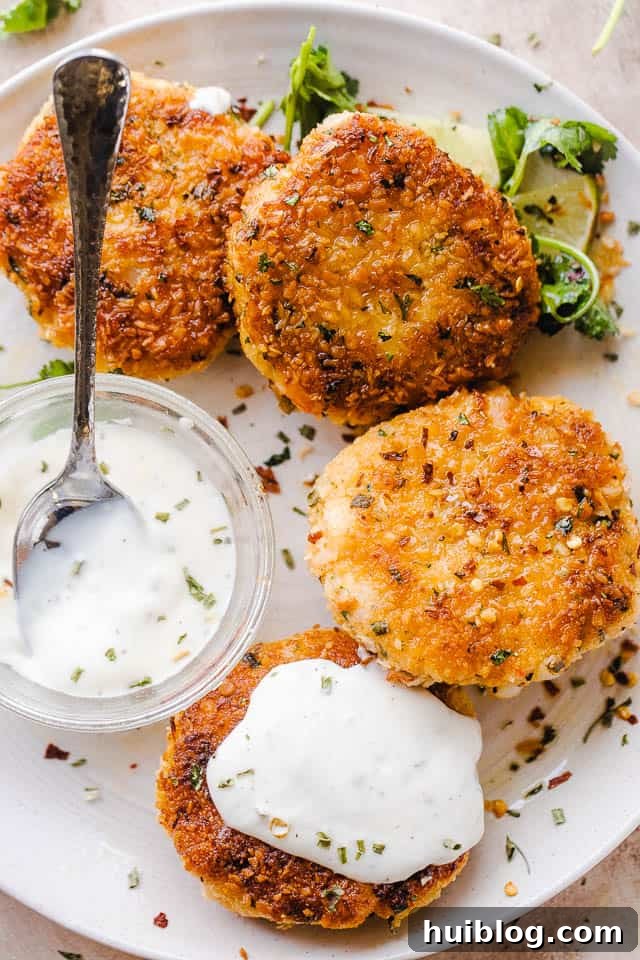 Golden Coconut Shrimp Patties 2 Plated golden-brown coconut shrimp cakes on a pristine white serving plate, with a small bowl of dipping sauce on the side.