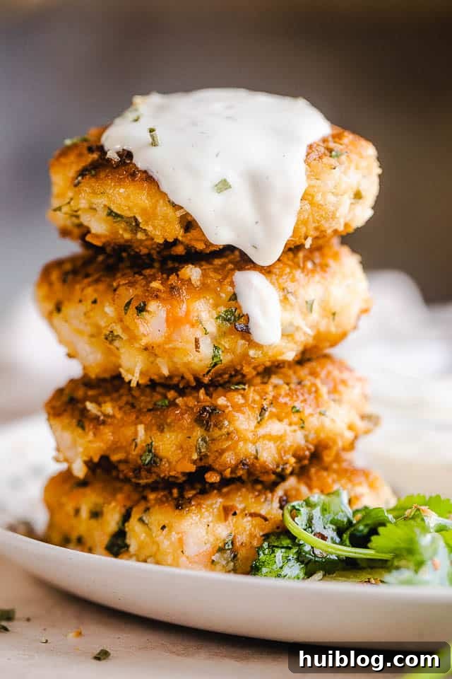 Golden Coconut Shrimp Patties 3 A stack of perfectly fried coconut shrimp cakes garnished with fresh cilantro and a drizzle of sauce.