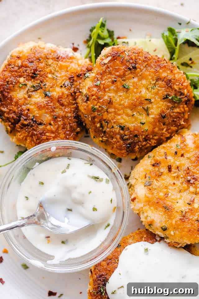 Golden Coconut Shrimp Patties 7 Overhead shot of freshly cooked coconut shrimp cakes arranged on a white serving plate, with lime wedges and a small bowl of dipping sauce.