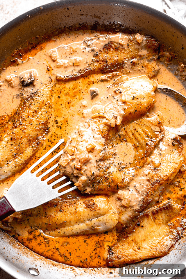 Pan-fried tilapia fillet being lifted from a skillet, showcasing the golden crust and tender interior, with creamy tomato sauce visible in the background.