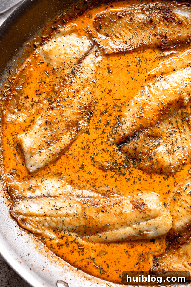 Close-up of cooked tilapia fillets glistening in the creamy tomato sauce, garnished with fresh parsley.