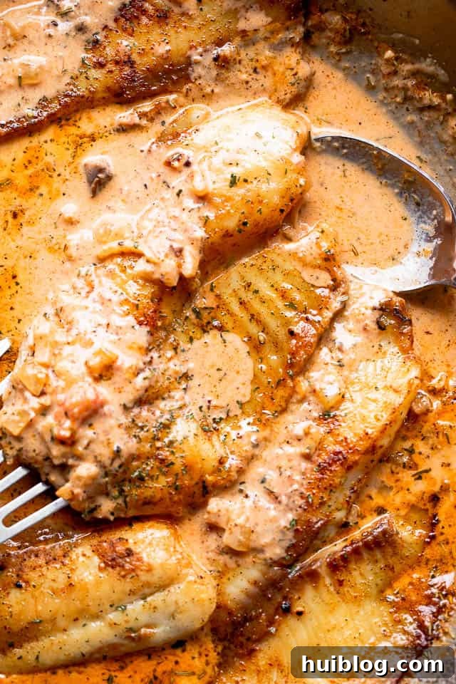 Overhead shot of a single perfectly cooked tilapia fillet in a generous pool of creamy tomato sauce, garnished with fresh herbs, ready to be served.