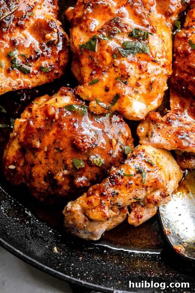 Sticky Apple Cider Chicken Thighs 6 A plated serving of apple cider glazed chicken thighs, garnished with parsley, alongside roasted vegetables and rice.