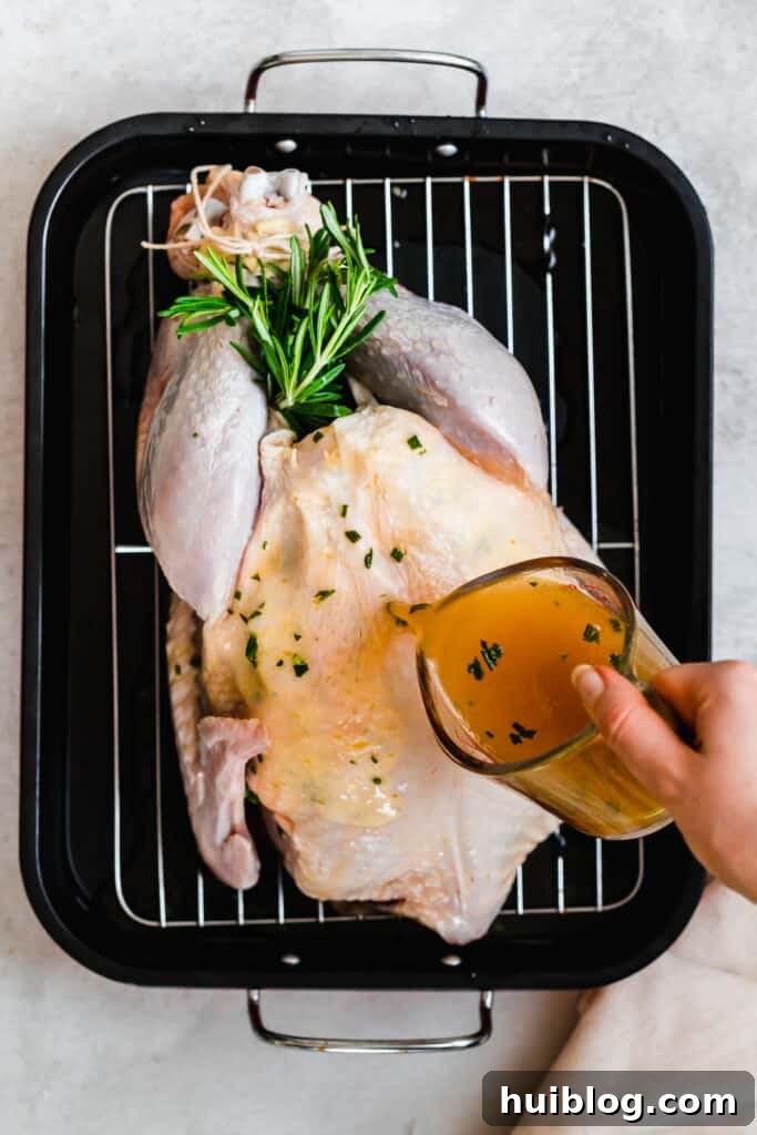 Succulent Roasted Turkey Feast 4 Uncooked turkey in a pan with broth being poured on top, ready for prep.
