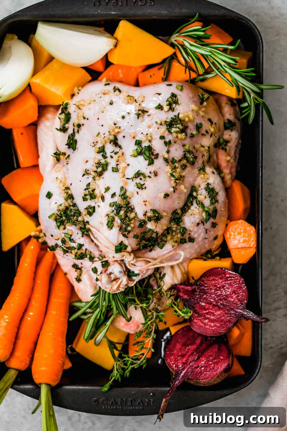 Golden Roasted Chicken and Autumn Harvest Vegetables 5 Whole raw broiler chicken in a baking pan with root vegetables.