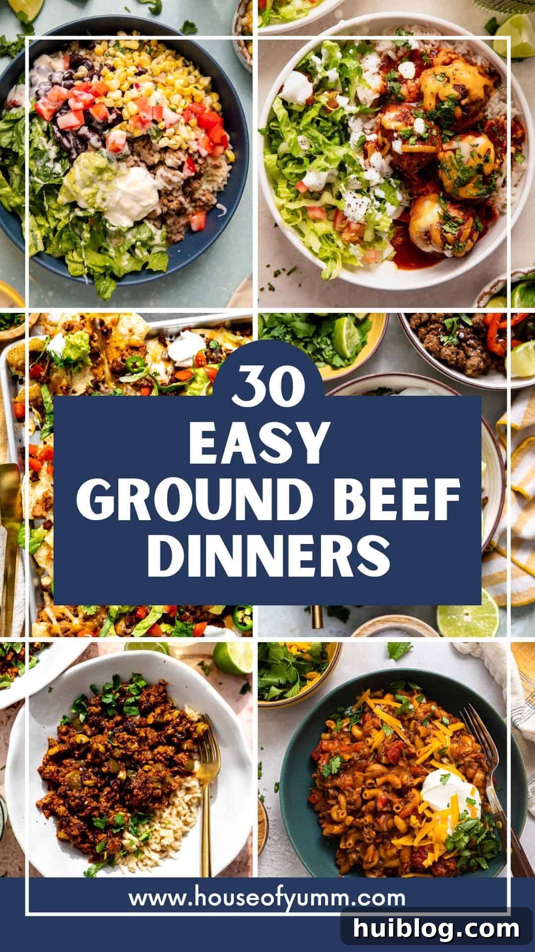 Ground beef dinner idea images with text. Featuring bowls with picadillo, chili Mac, ground beef fajitas, sheet pan nachos, and enchilada meatballs.