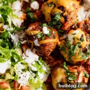 Up close of cooked enchilada meatballs served over rice.