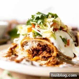 Wet burrito cut open to show it's filled with ground beef, cheese and rice. Topped with red sauce and sour cream.