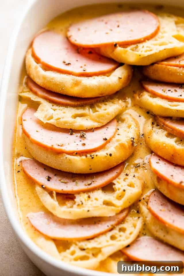 english muffins and canadian bacon layered in a white baking dish.