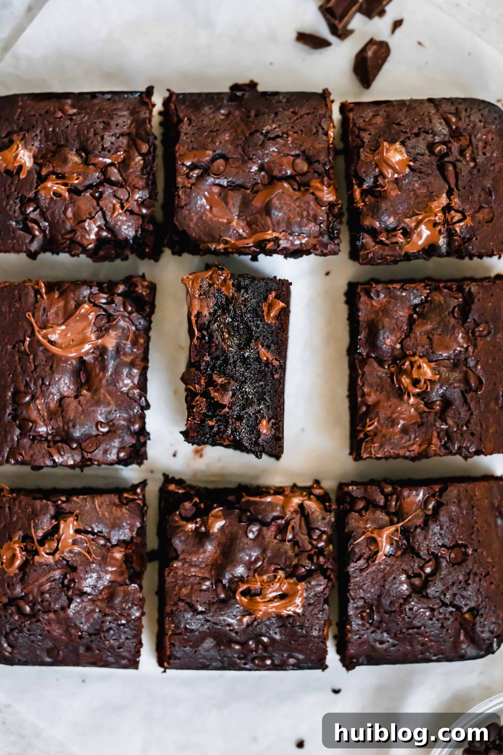 Decadent Homemade Fudge Brownies 3 Nine fudgy homemade brownies arranged in a square, showcasing their rich texture