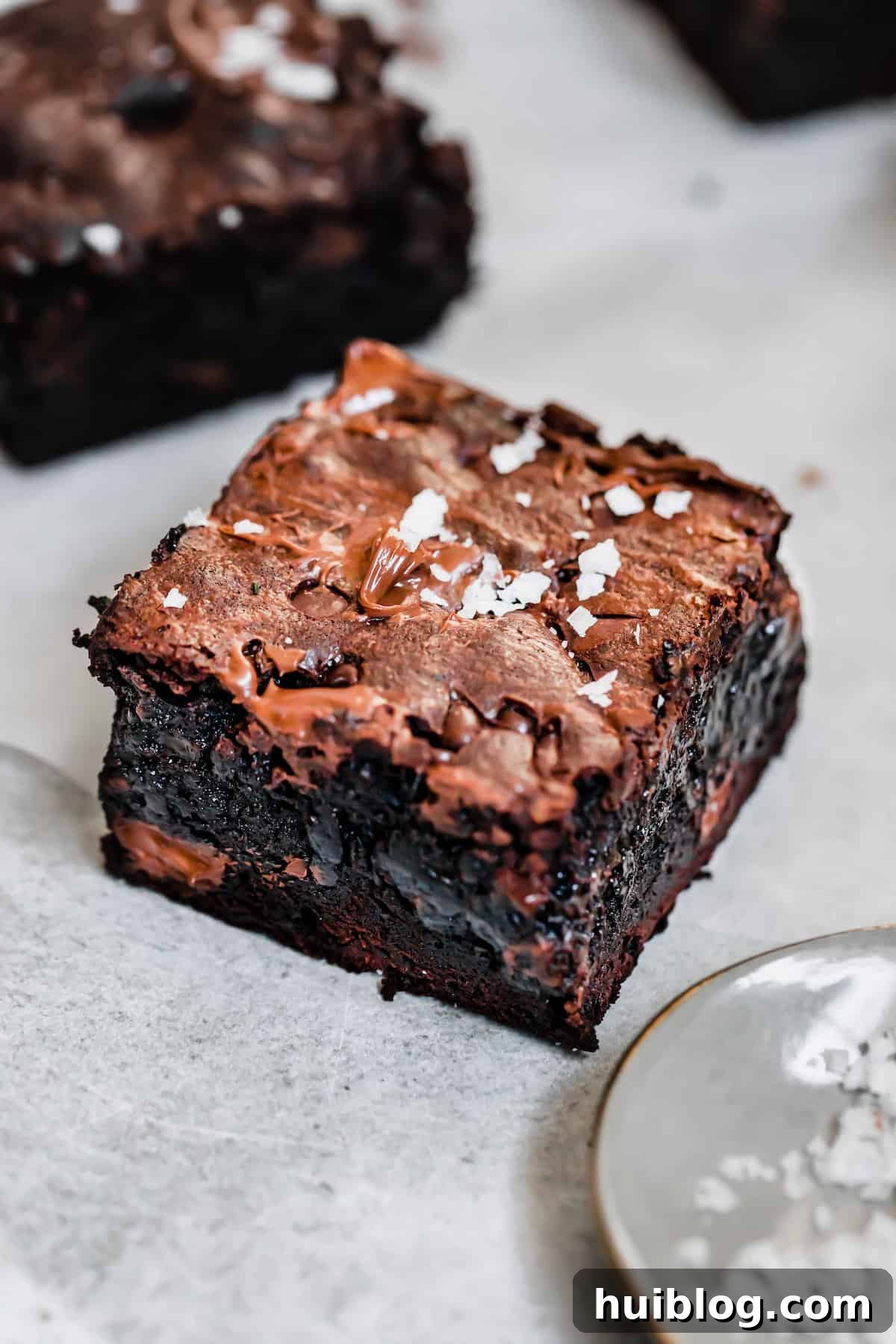 Decadent Homemade Fudge Brownies 8 A single fudgy brownie topped with coarse sea salt and melted chocolate, ready to be enjoyed
