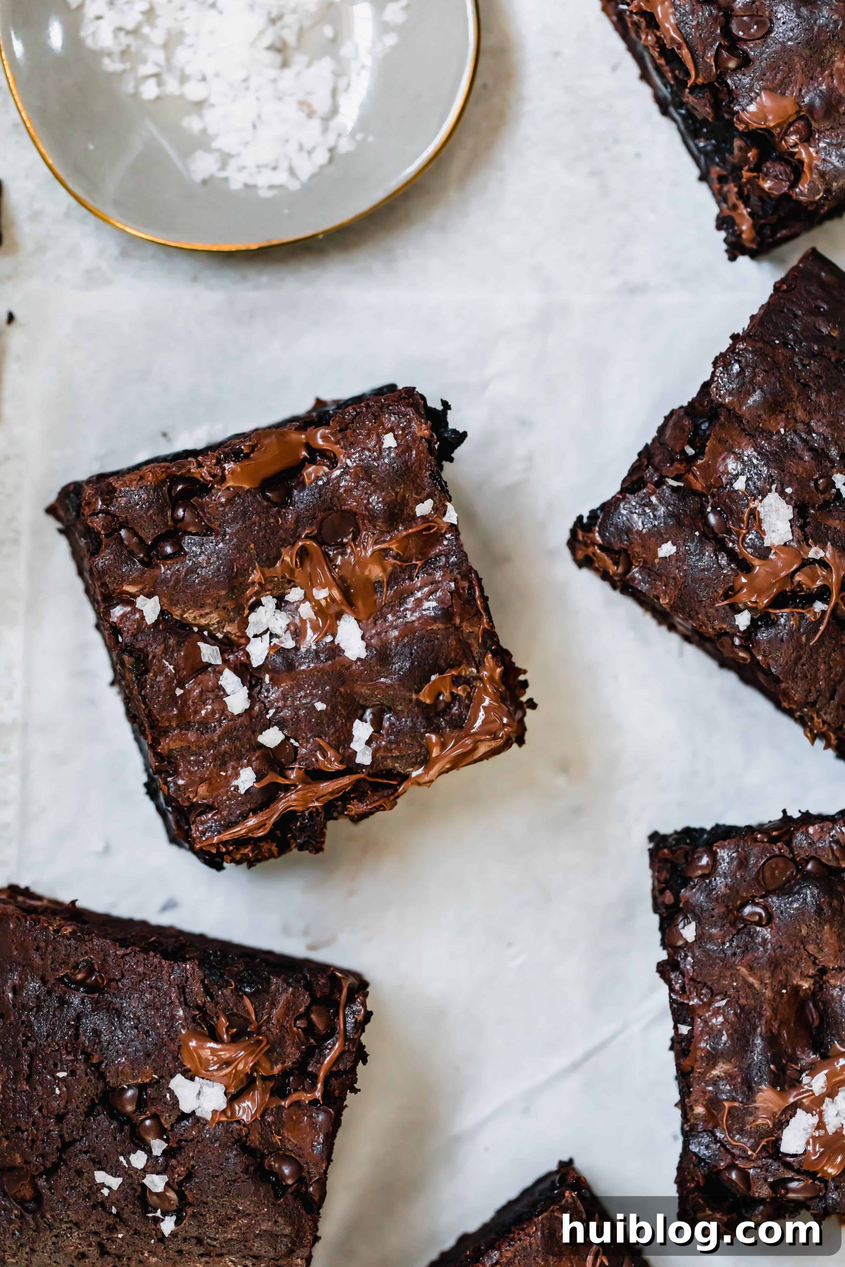 Decadent Homemade Fudge Brownies 9 A fudgy homemade brownie square topped with a sprinkle of coarse sea salt, showcasing its moist texture
