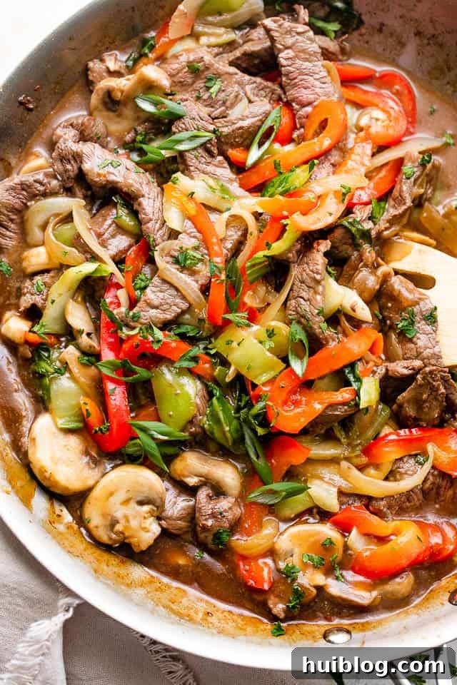 overhead shot of skillet with beef stir fry