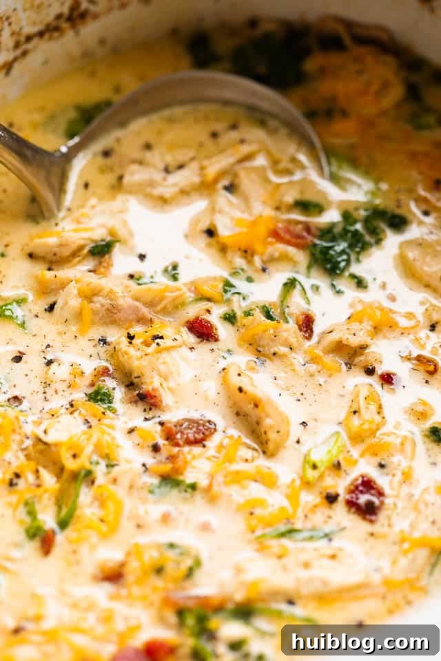 Creamy Slow Cooker Crack Chicken Soup simmering in a slow cooker.