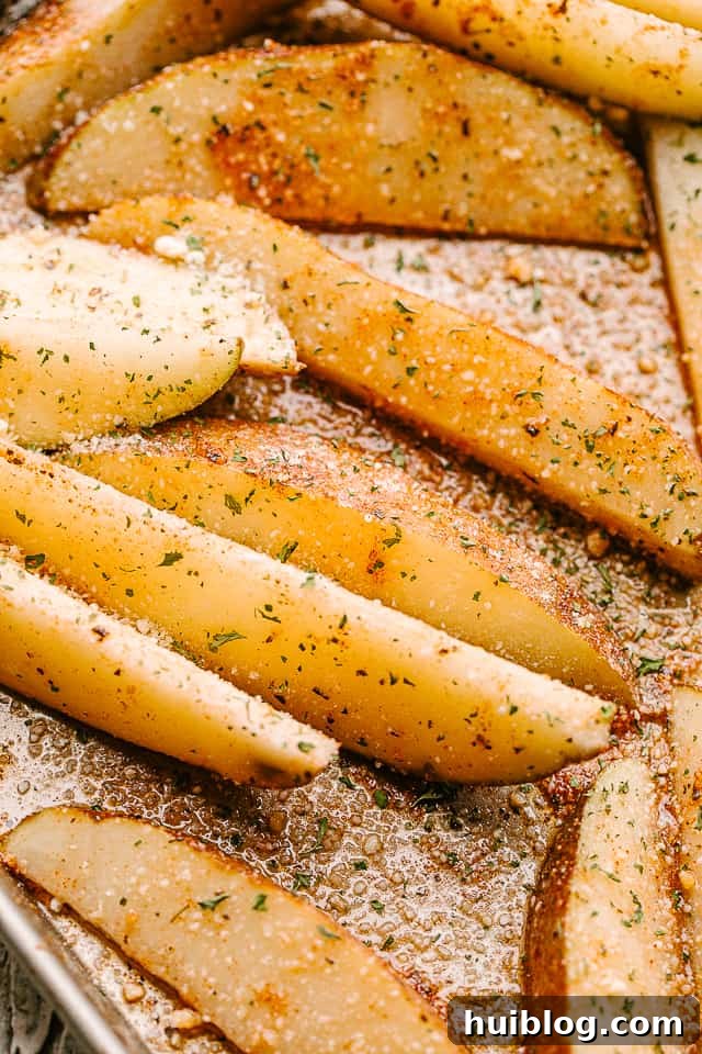 Close-up of golden brown baked potato wedges, sprinkled with fresh parsley and Parmesan cheese.