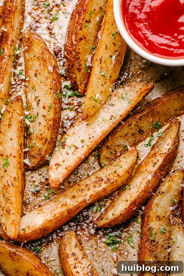 Baked potato wedges arranged neatly on a parchment-lined baking sheet.