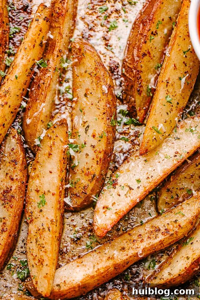 Close-up of golden brown garlic and parmesan potato wedges, ready to eat.