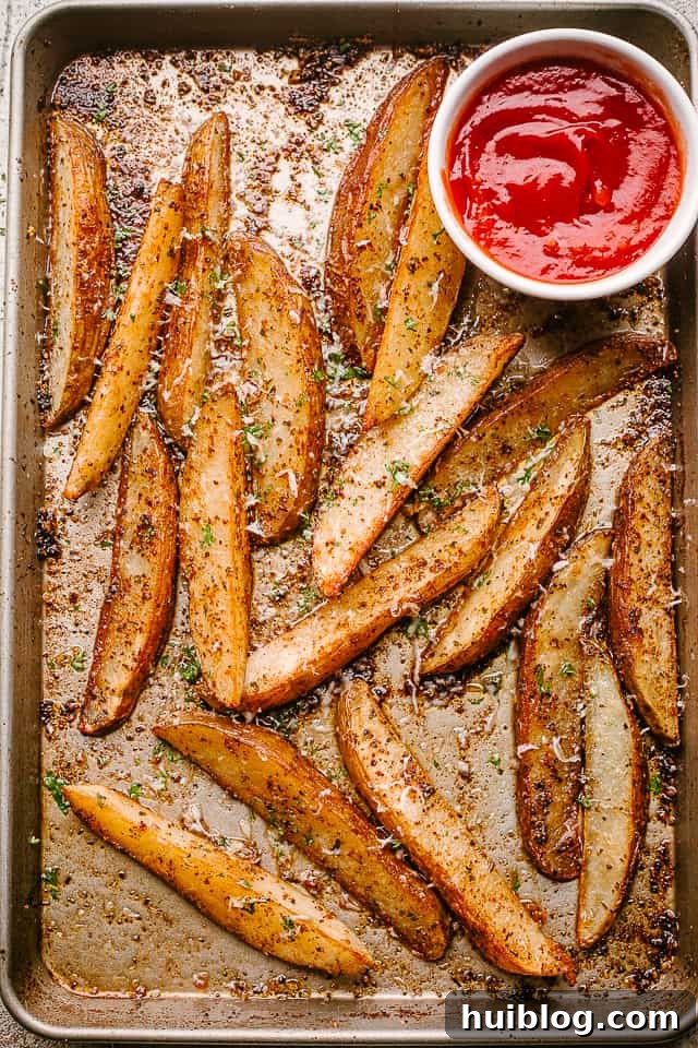 Another view of golden oven baked garlic parmesan potato wedges on a baking tray.