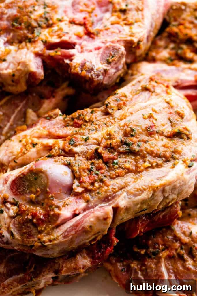 Raw lamb shoulder chops coated with a vibrant sun-dried tomato and herb marinade, ready for cooking.