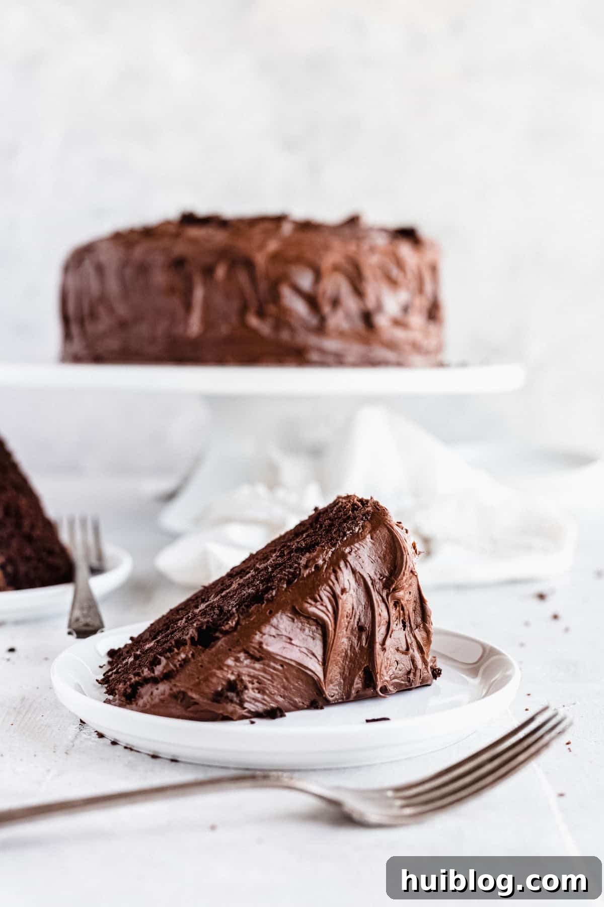 A sideways-lying slice of chocolate cake on a countertop with a fork, emphasizing its moist layers