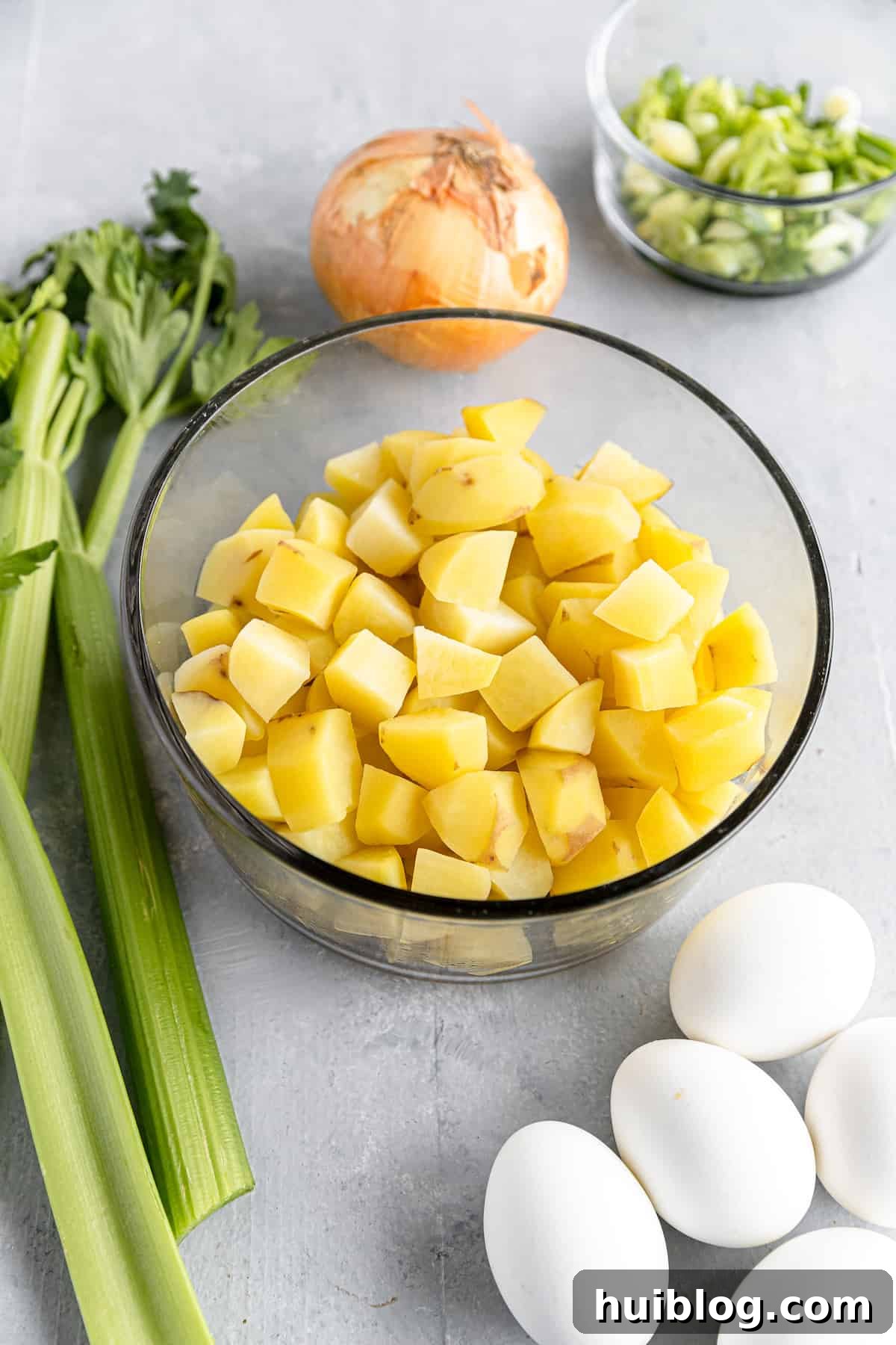 All-American Potato Salad 4 Chopped Potatoes, Hard-Boiled Eggs, a Yellow Onion and the Rest of the Potato Salad Ingredients on a Gray Countertop, ready for mixing.