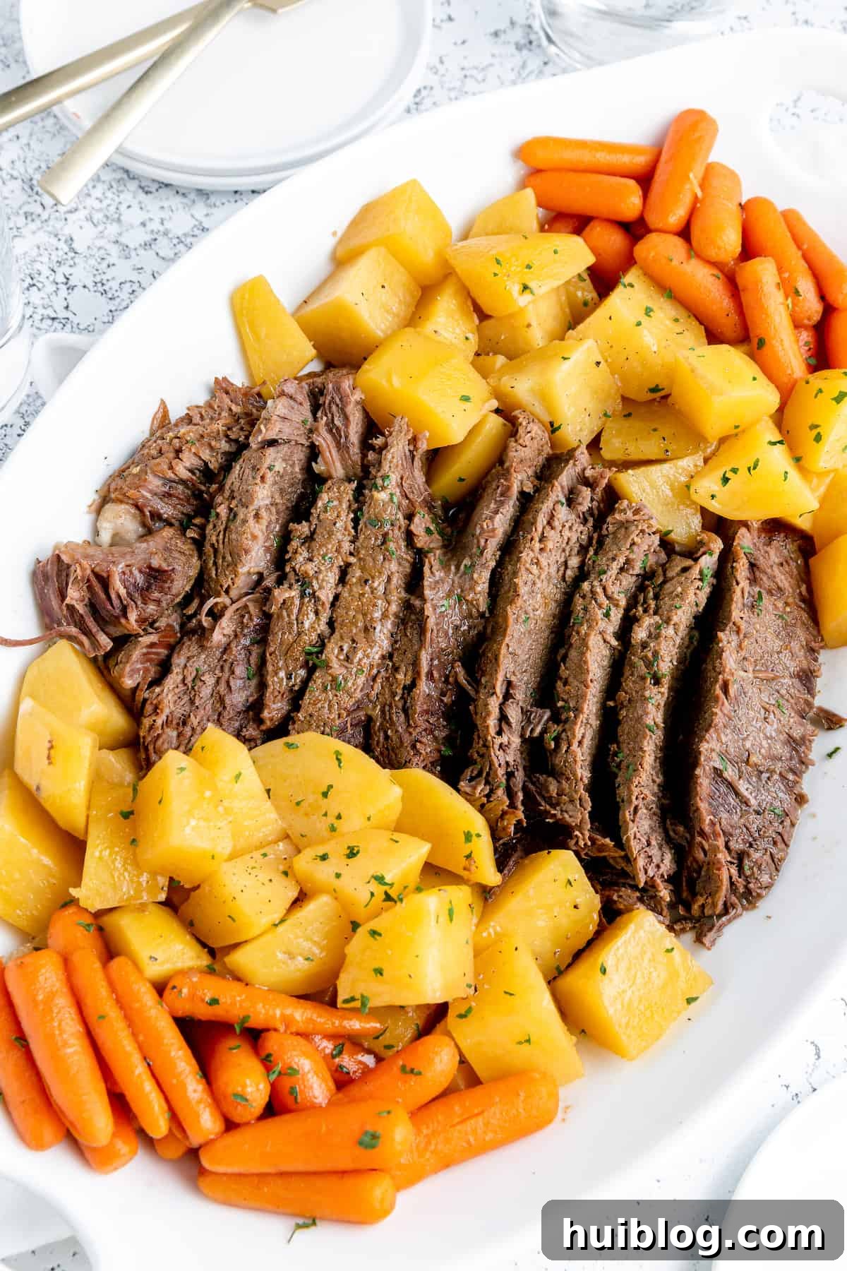 Fork-Tender Instant Pot Pot Roast with Carrots and Potatoes 7 Plated Instant Pot pot roast with carrots and potatoes, ready to serve.