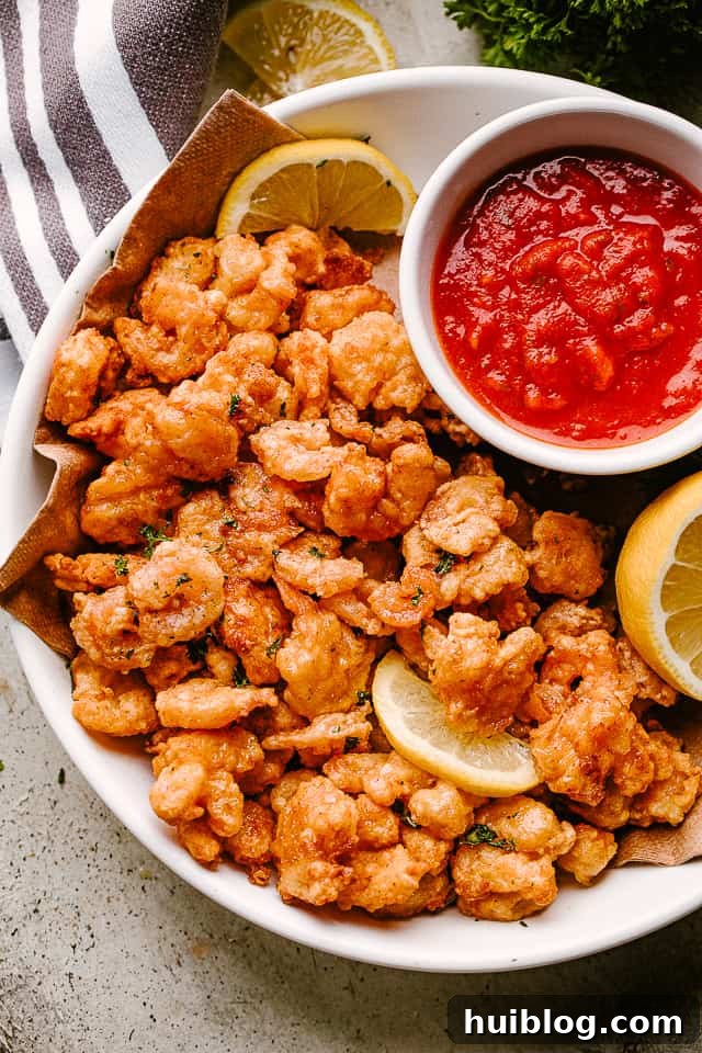 Crispy Popcorn Shrimp are one of my favorite party food ideas so bring on the dipping sauce! Just 30 minutes from golden, crispy perfection! Popcorn shrimp on a plate with lemon and dipping sauce