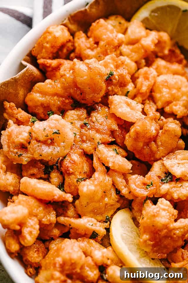 Crispy Popcorn Shrimp are one of my favorite party food ideas so bring on the dipping sauce! Just 30 minutes from golden, crispy perfection! Popcorn shrimp on a plate with lemon